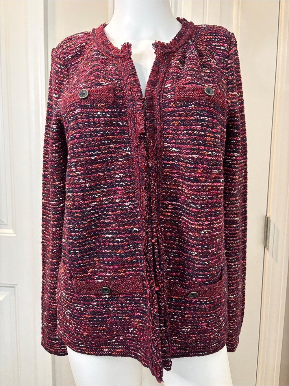 J. Jill Wine Multi Marled Fringe-Trim Jacket Size XS
